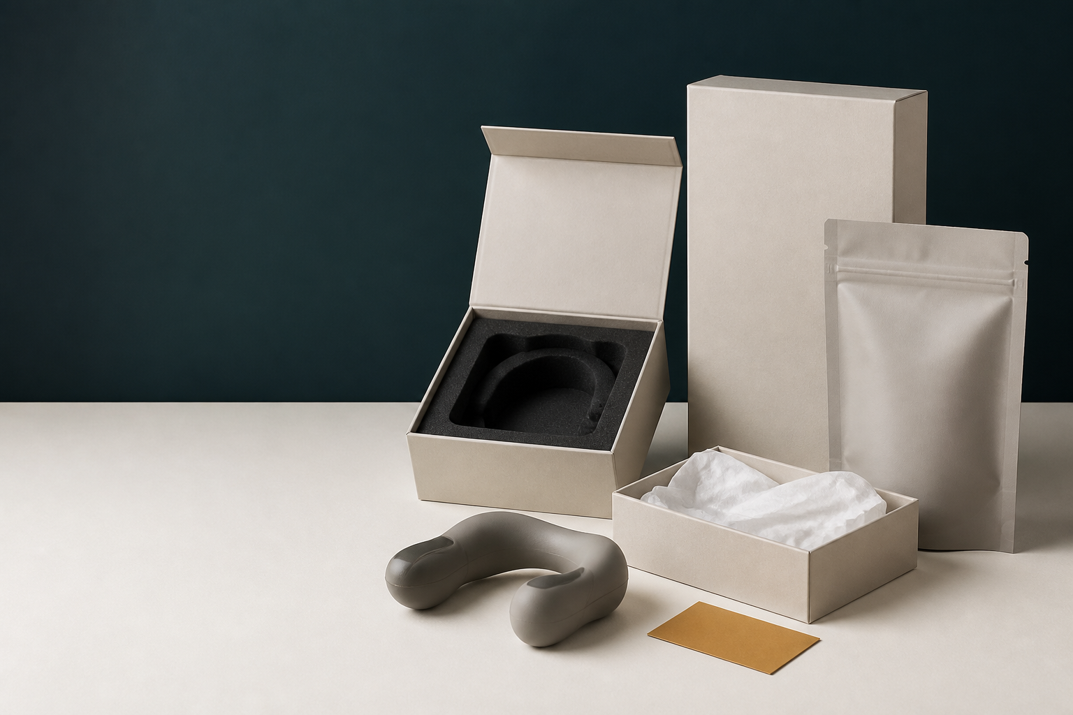Unbranded packaging mockups and a TPE product sample