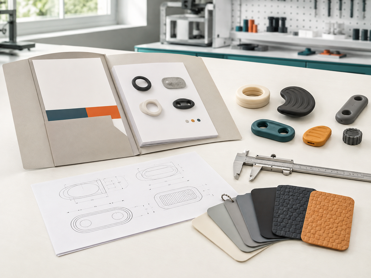 TPE product brief, samples, color swatches and measuring tools on a factory design table