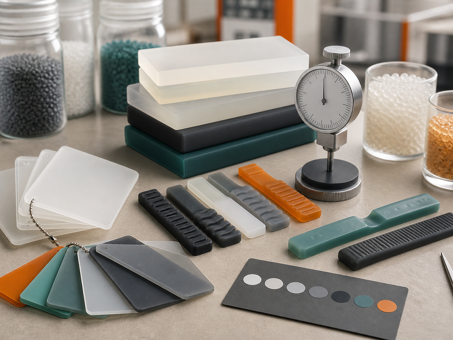 TPE material swatches, textured sample plaques and a firmness gauge in a materials lab