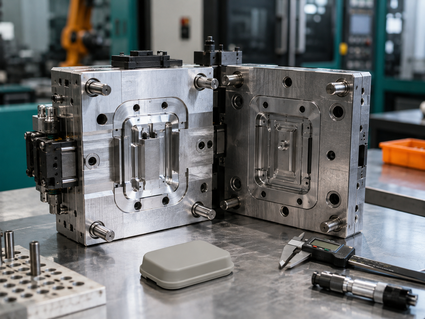 Open precision aluminum injection mold with polished cavities on a factory workbench