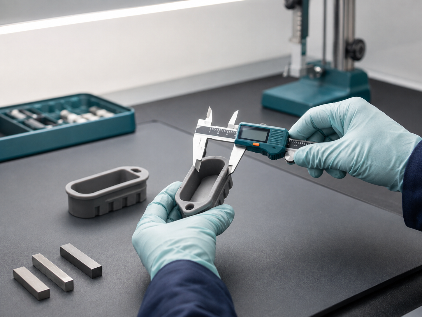 Gloved quality technician measuring a neutral TPE molded sample with a digital caliper