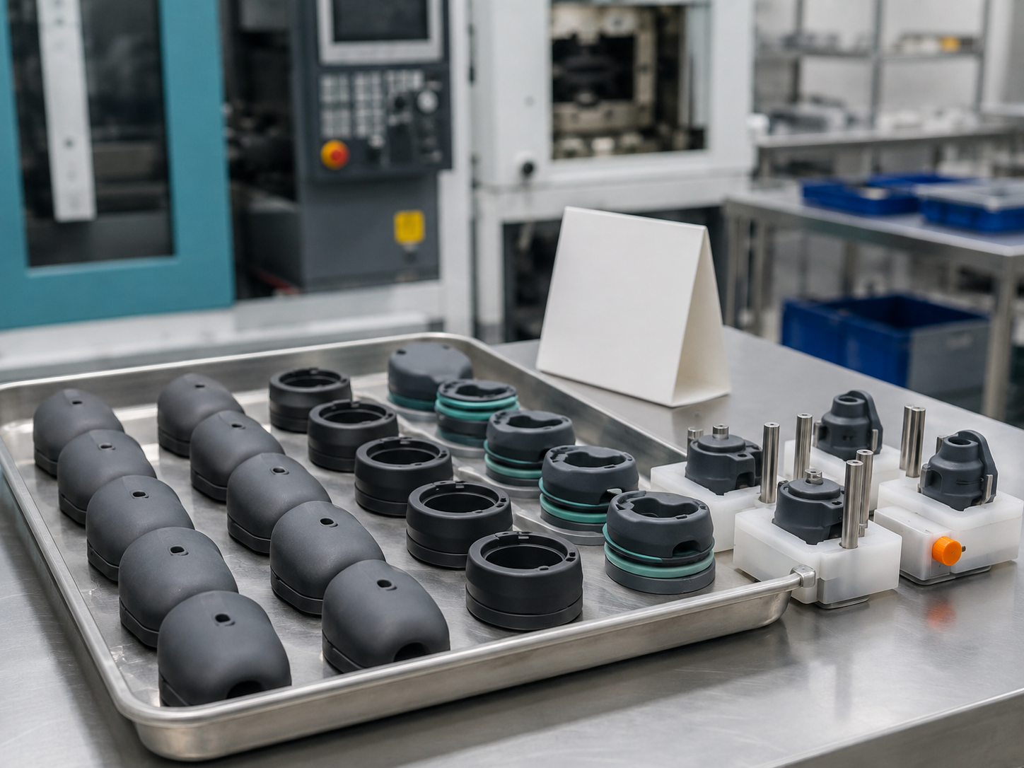 Repeated TPE molded components arranged in a clean small-batch production cell