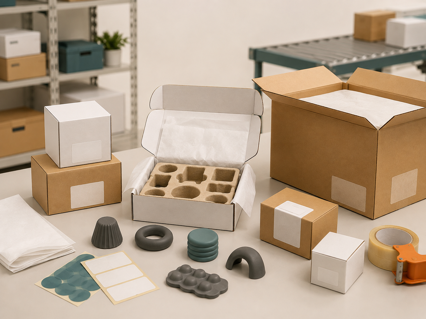 Unbranded cartons, molded protective inserts and TPE samples prepared for shipment