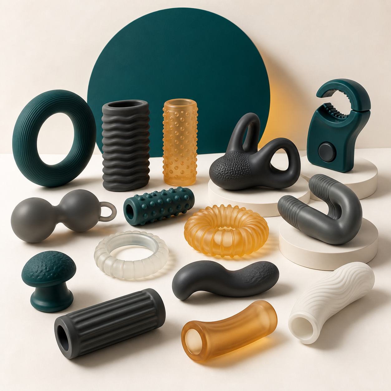 Abstract TPE product forms and textures arranged as a product range